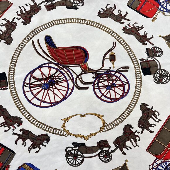 Vintage Scarf Silk Victorian Horse Carriage 34” Square Navy Blue Red Equestrian - Picture 4 of 7